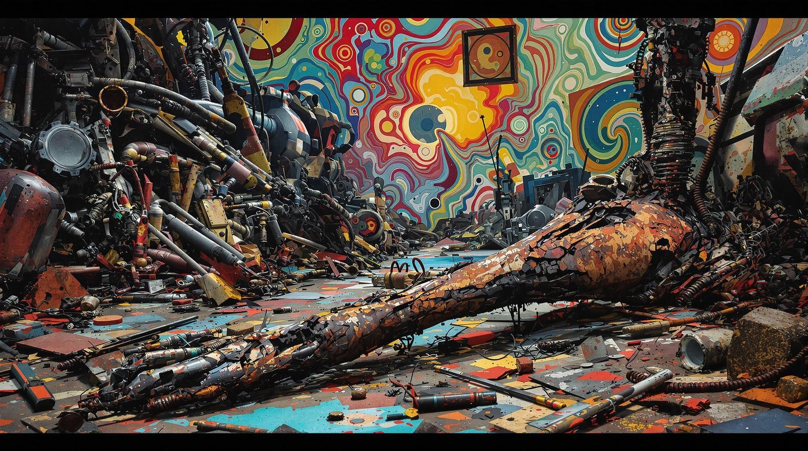 Abstract Surrealism: Scrappy Dog in Escher-Inspired Junkyard