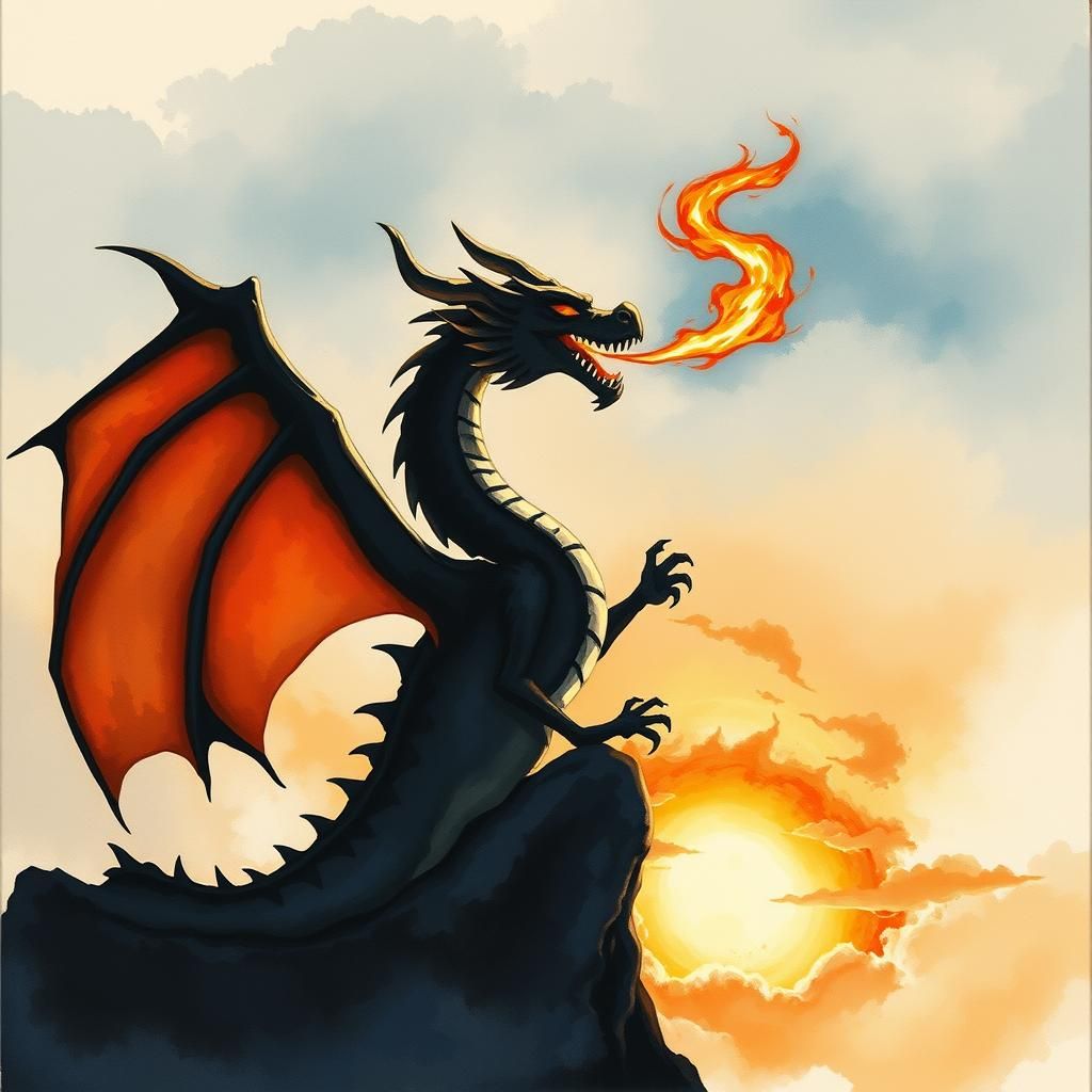 Dragon Silhouette Sets Sun Ablaze: Gouache Watercolor Art