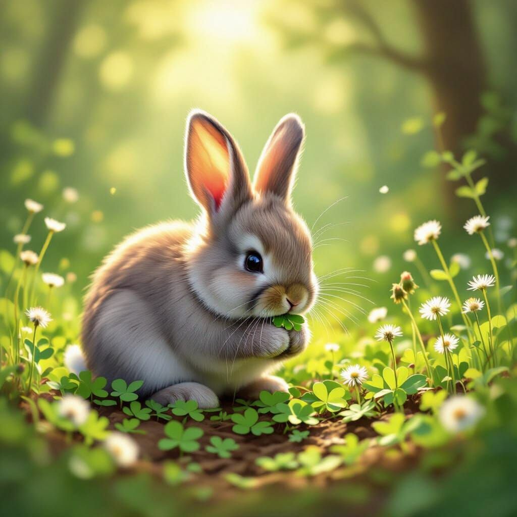 Fluffy Lop-Eared Bunny Eating Greens in Dappled Forest Light