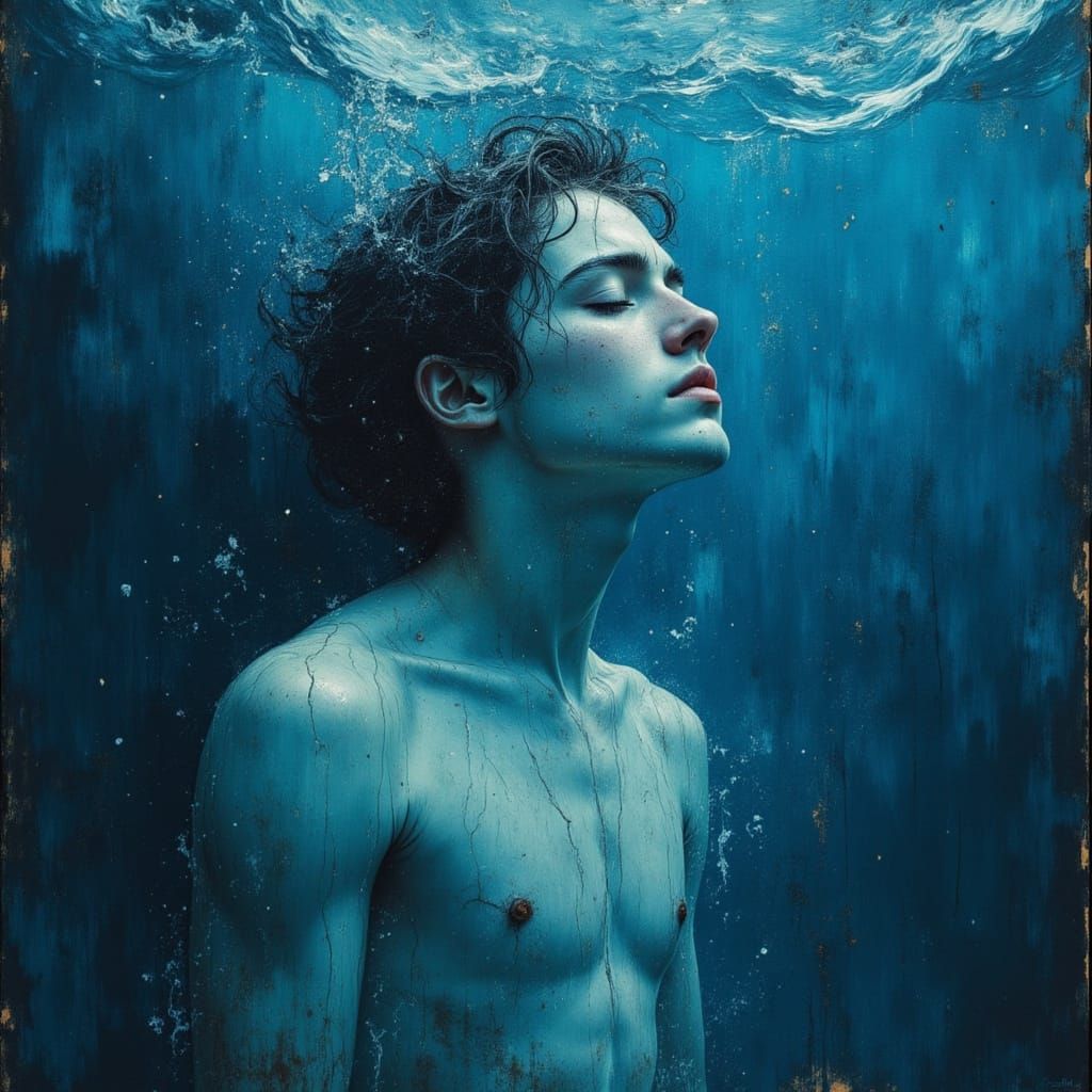Surreal Portrait of Man Sinking in Deep Blue Water