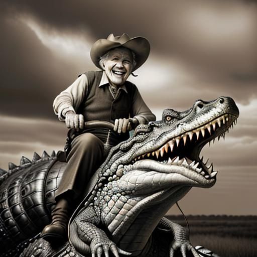 Vintage Photo of Laughing Man Riding Crocodile