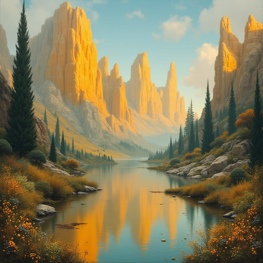 Surreal Steampunk Gemstone Landscape with Gold Lake and Ambe...