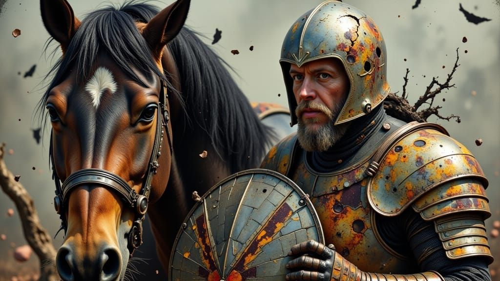 Battle-Scarred Knight with Majestic Steed in a Gritty, Reali...