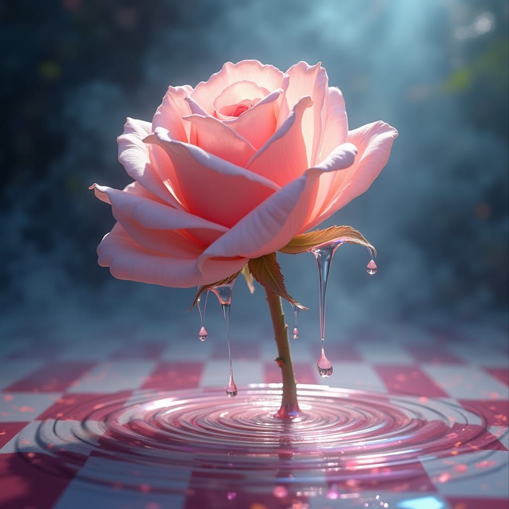 Melting Rose Above Shifting Checkerboard, Dreamlike Image