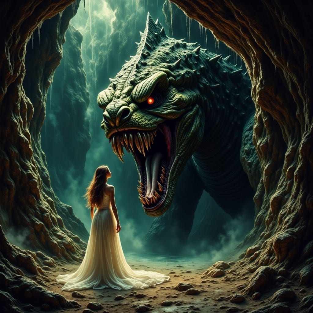 Terrorized Woman Faces Godzilla in Dark Cave