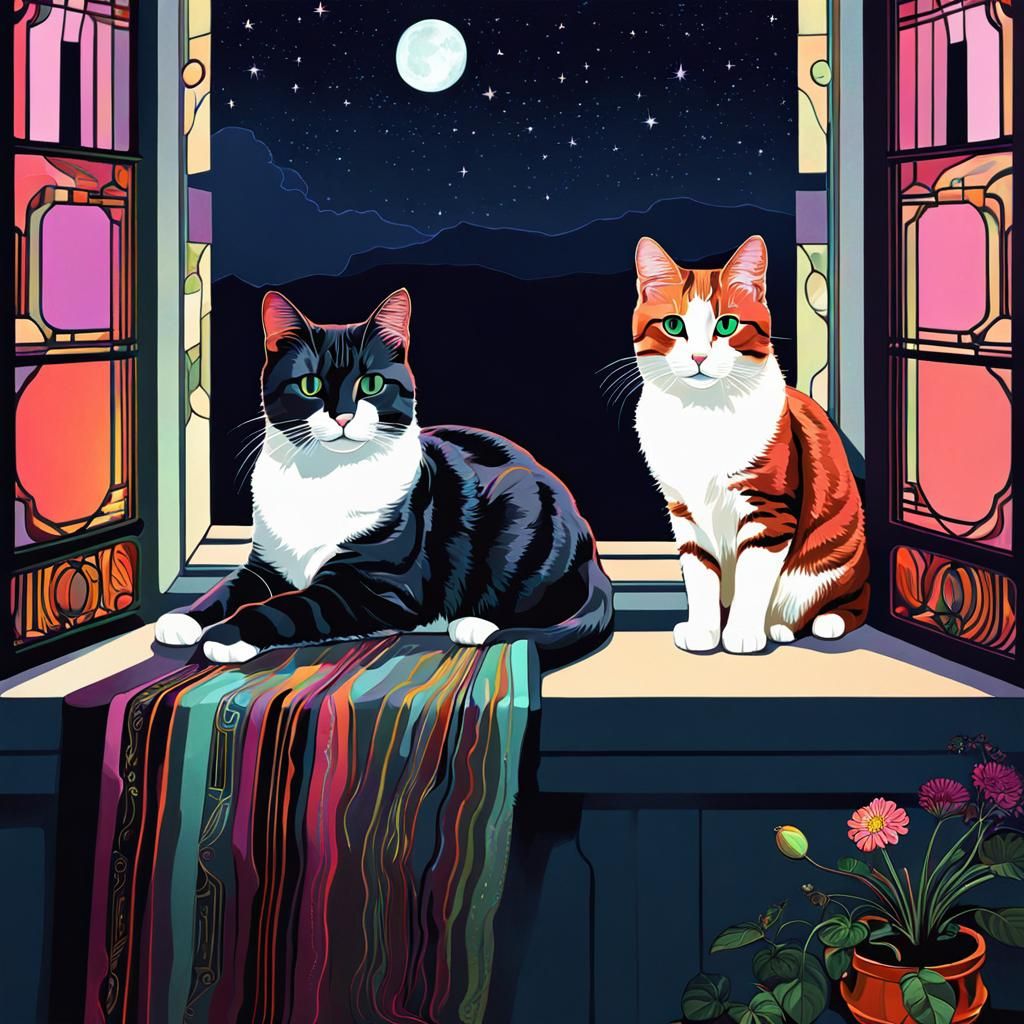 Art Deco Cats on a Windowsill