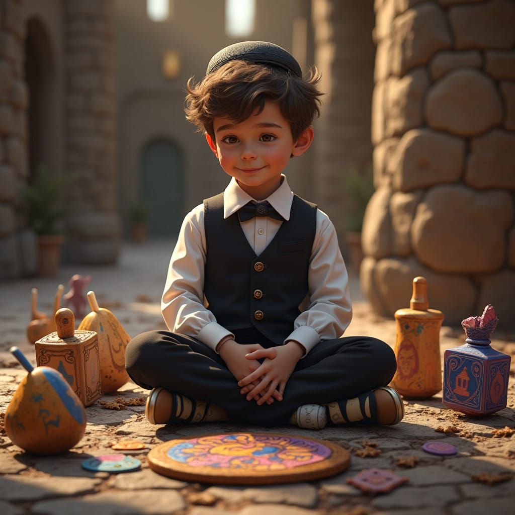 Traditional Hanukkah Celebration in Vibrant, Whimsical Setti...