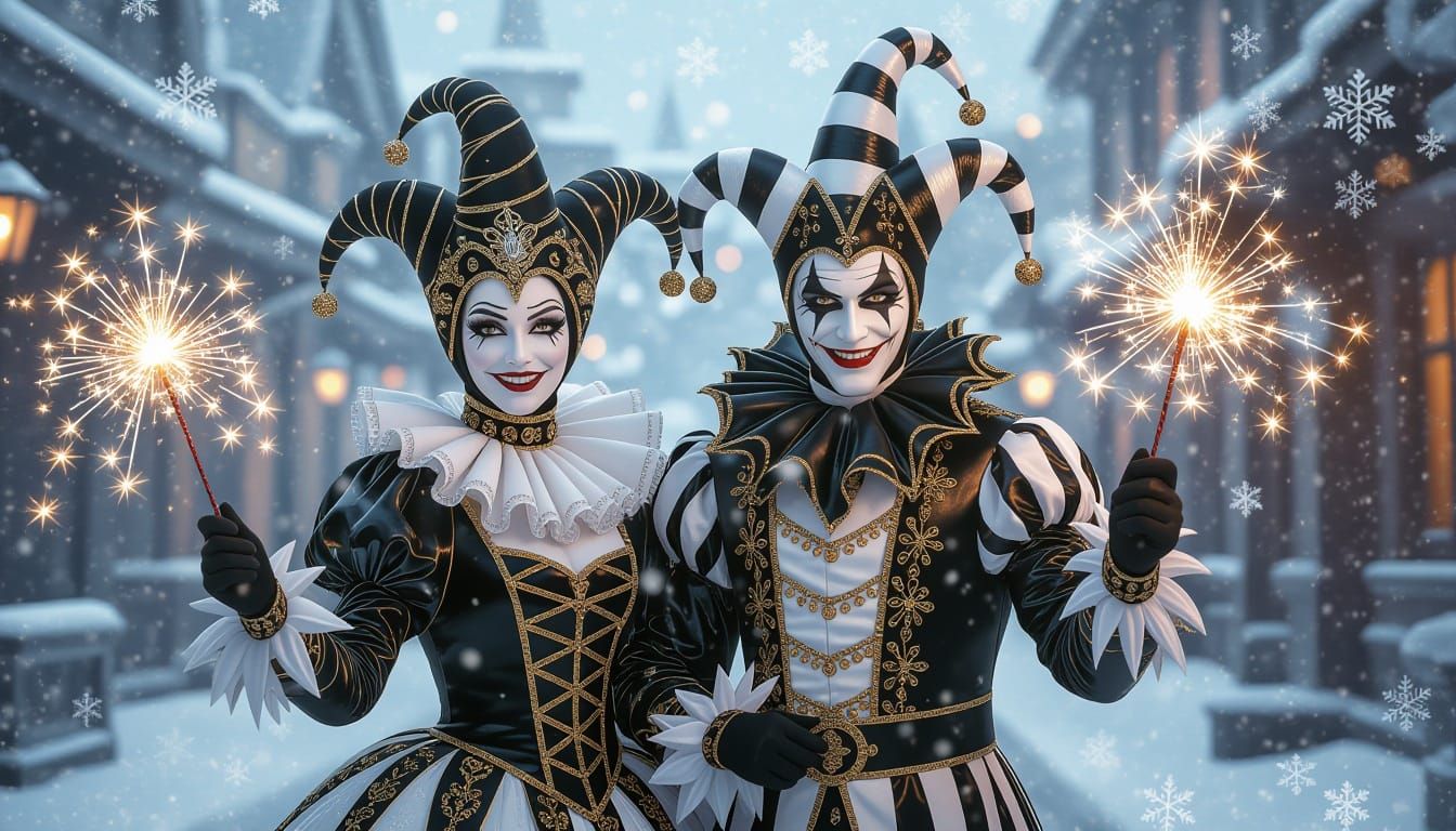 Magical Christmas Jesters with Sparklers in Digital Matte St...