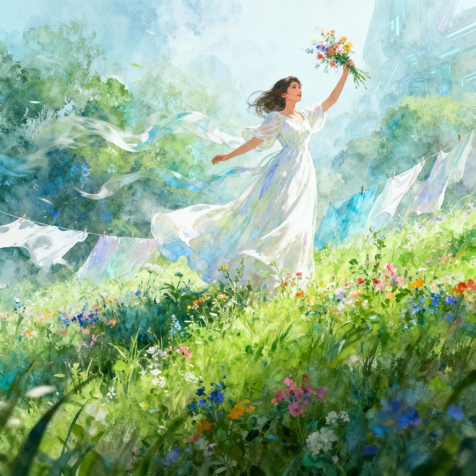 Woman in White Dress Amidst Nature, Whimsical Realism
