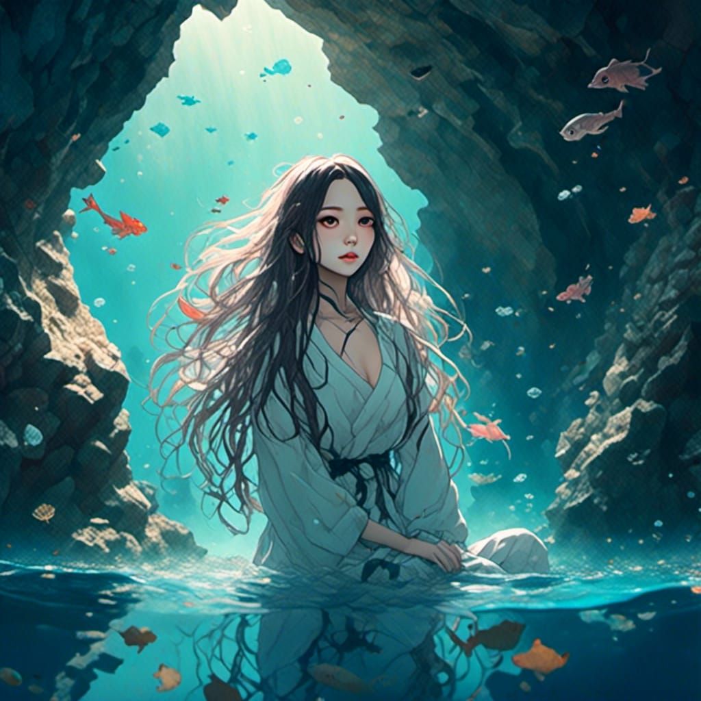 Underwater Cave Portrait of Woman with Long Hair