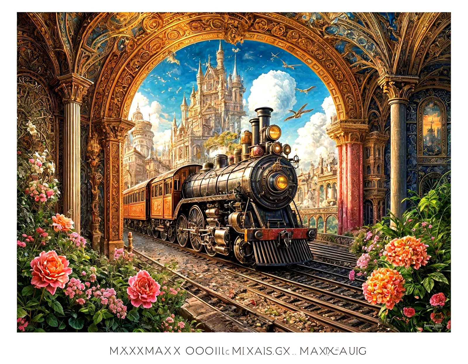 Steampunk Train Over Bridge Fairytale Fantasy Art