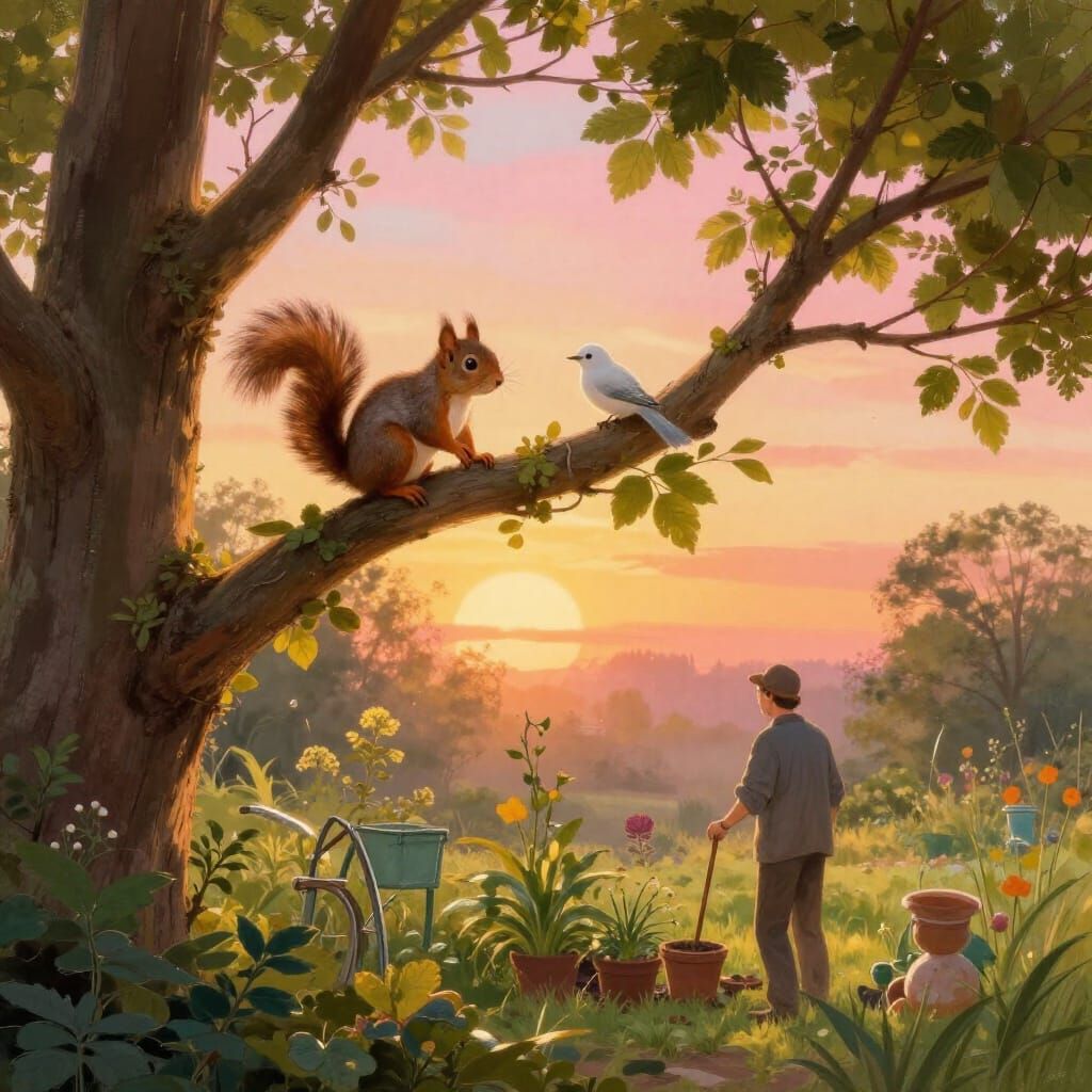Squirrel and Bird Watch Gardener at Sunrise