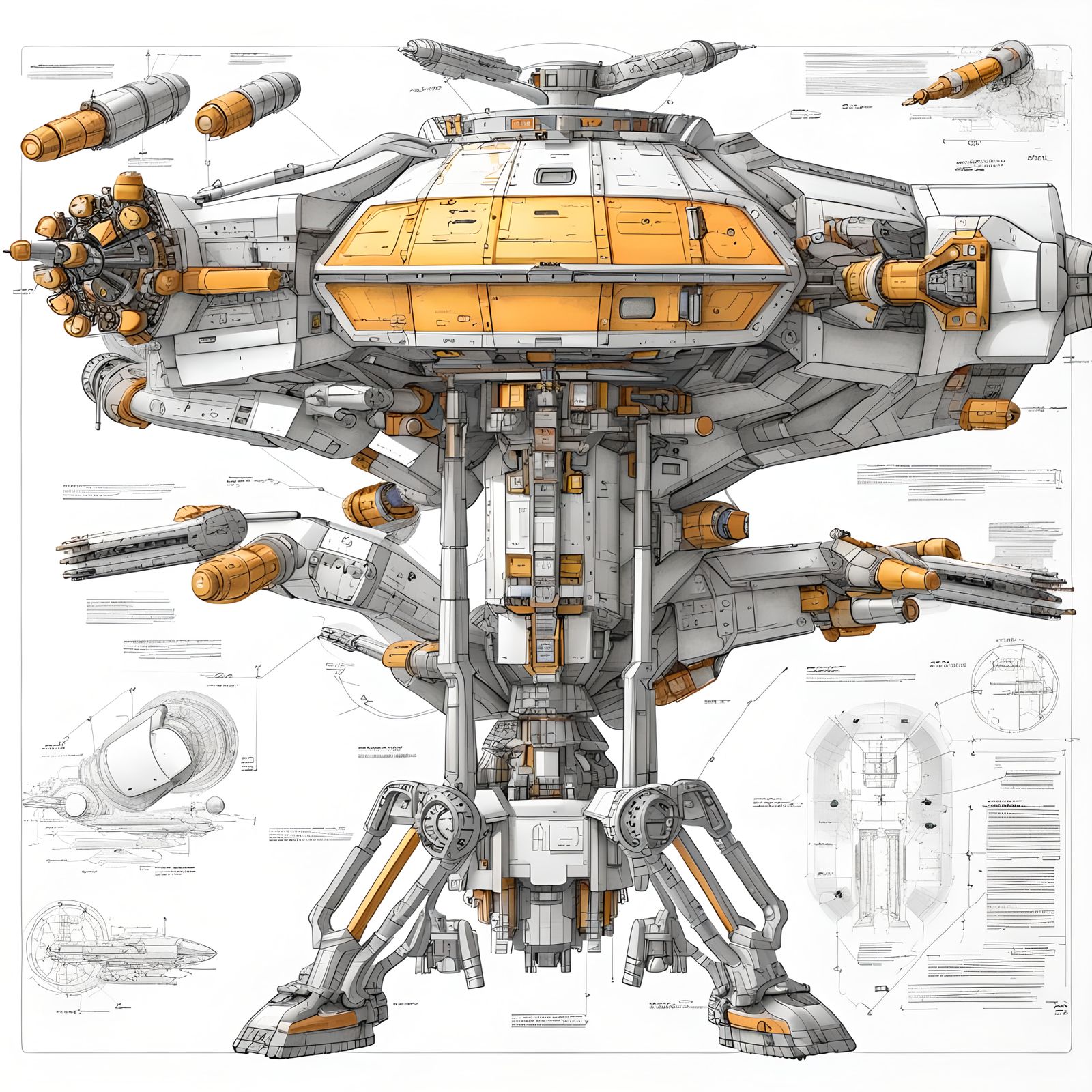 Jetson Engineering asteroid mining spaceship, remote arms, robotic mining tools, plans, full color illustration engineer...