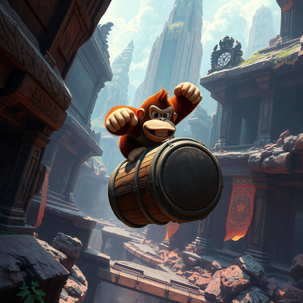 Donkey Kong Escapes Temple Ruins: Fantasy Concept Art