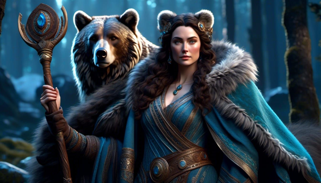 Woman with Bear in Ethereal Fantasy Style
