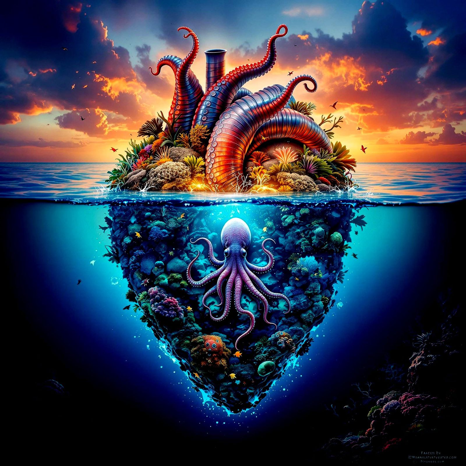 Surreal Double Exposure Heart in Ethereal Oceanic Splendor