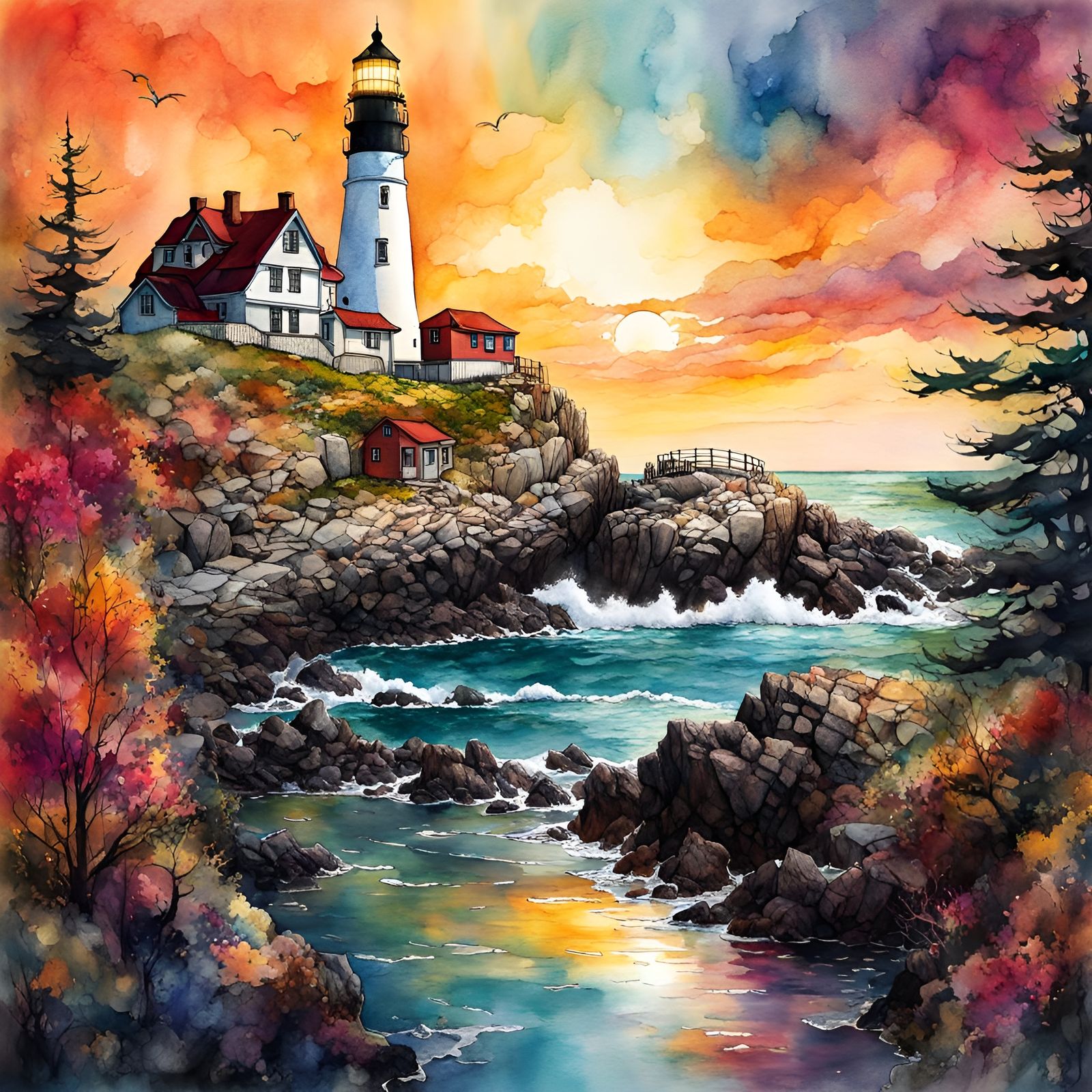 Portland Head Lighthouse: Ink and Watercolor Illustration