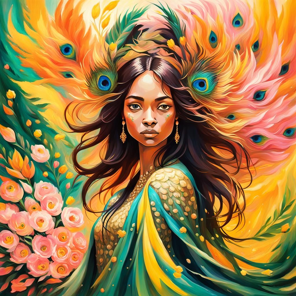 Dragon Peacock Woman in Abstract Expressionism Style