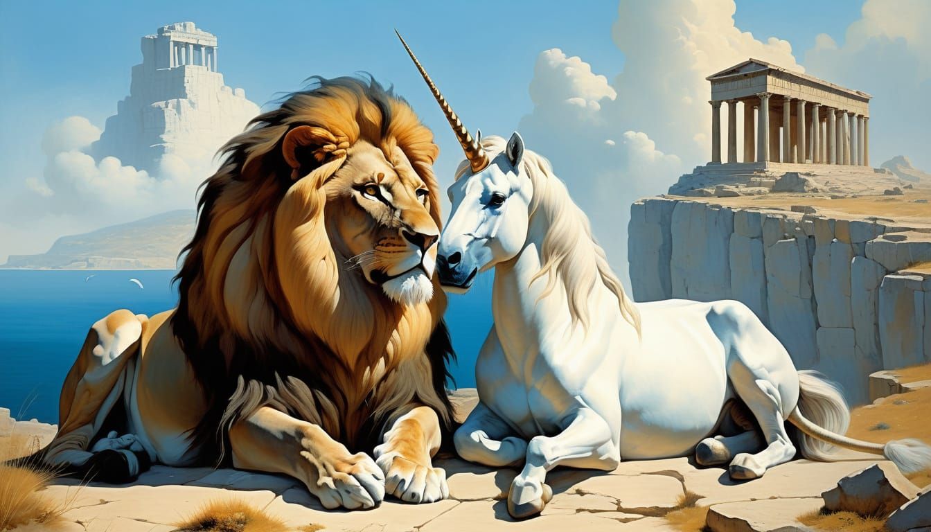 Lion and Unicorn Friendship in Ancient Ruins