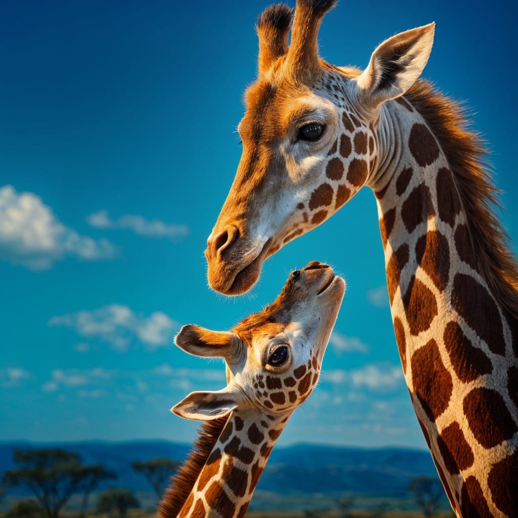 Surreal Portrait of a Giraffe Kissing a Baby in a Vibrant Sa...