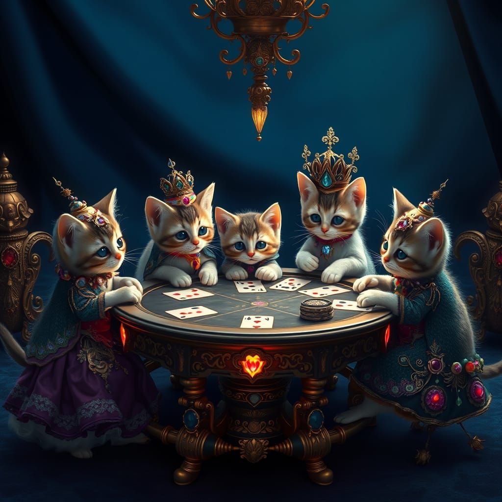 Whimsical Kitten Gamblers in Midnight Blue