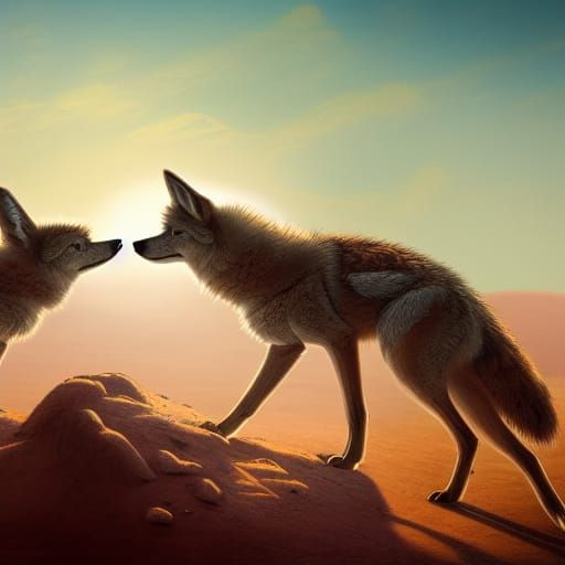 Coyote Pups Playing in Desert Landscape