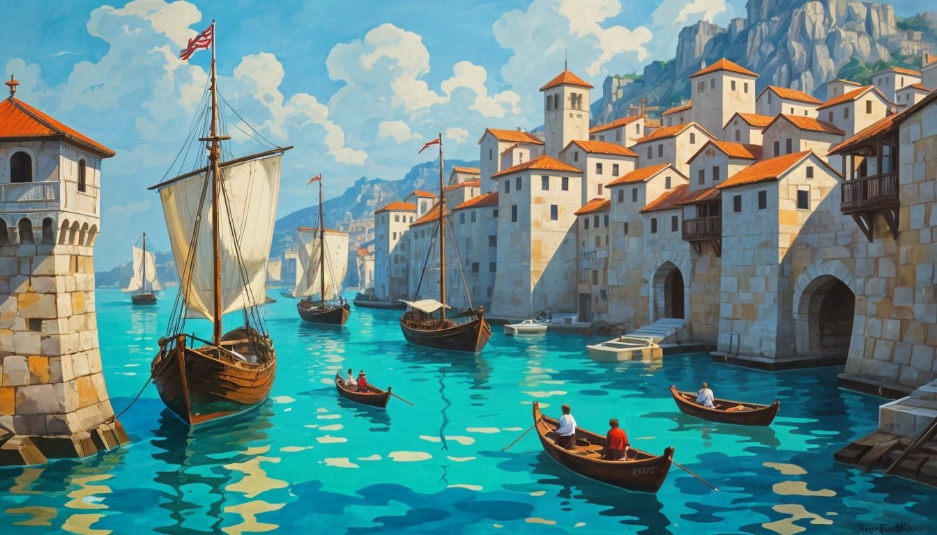 Medieval Harbor Seascape in Vivid Style