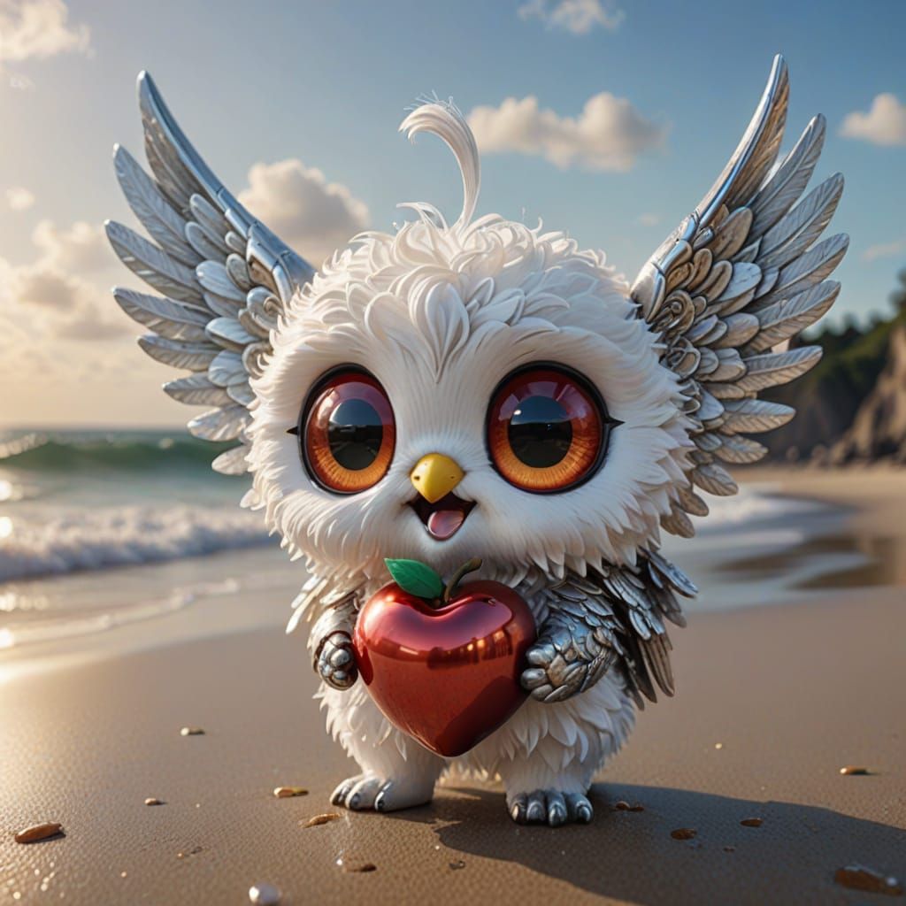 A 3d cyborg  fuzzy realistic white cute smiling creature