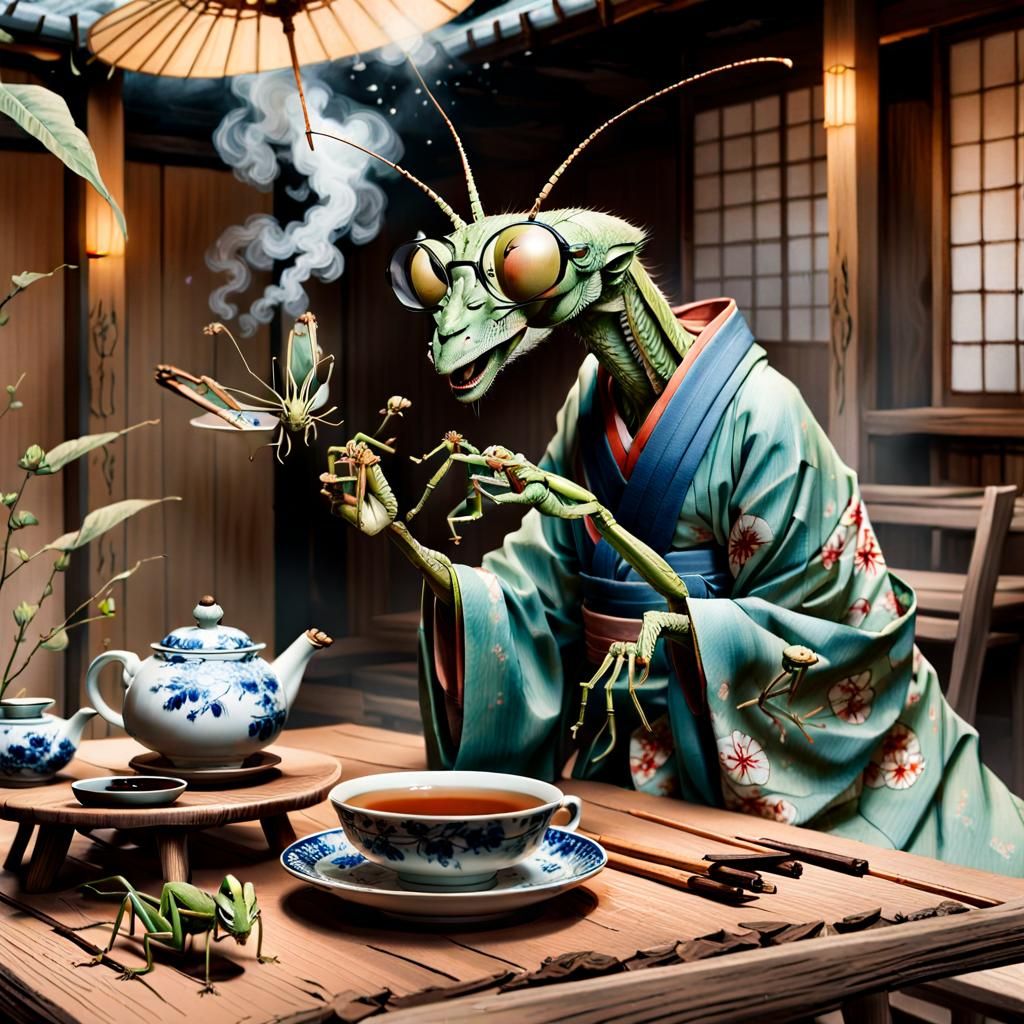 Praying Mantis Tea Ceremony, Heinrich Kley Style