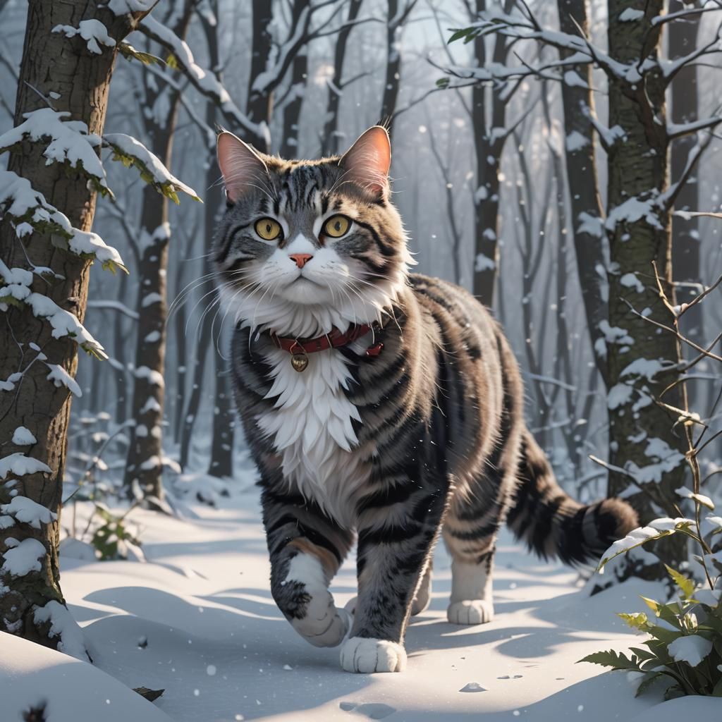 Cat Walking in Snowy Woods: 3D Anime Art