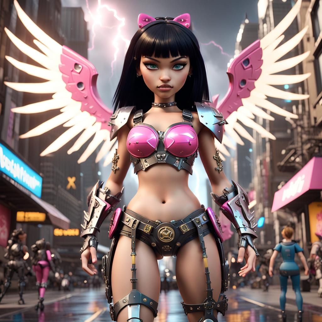 Xena Bratz Doll Soaring Through Cyberpunk City