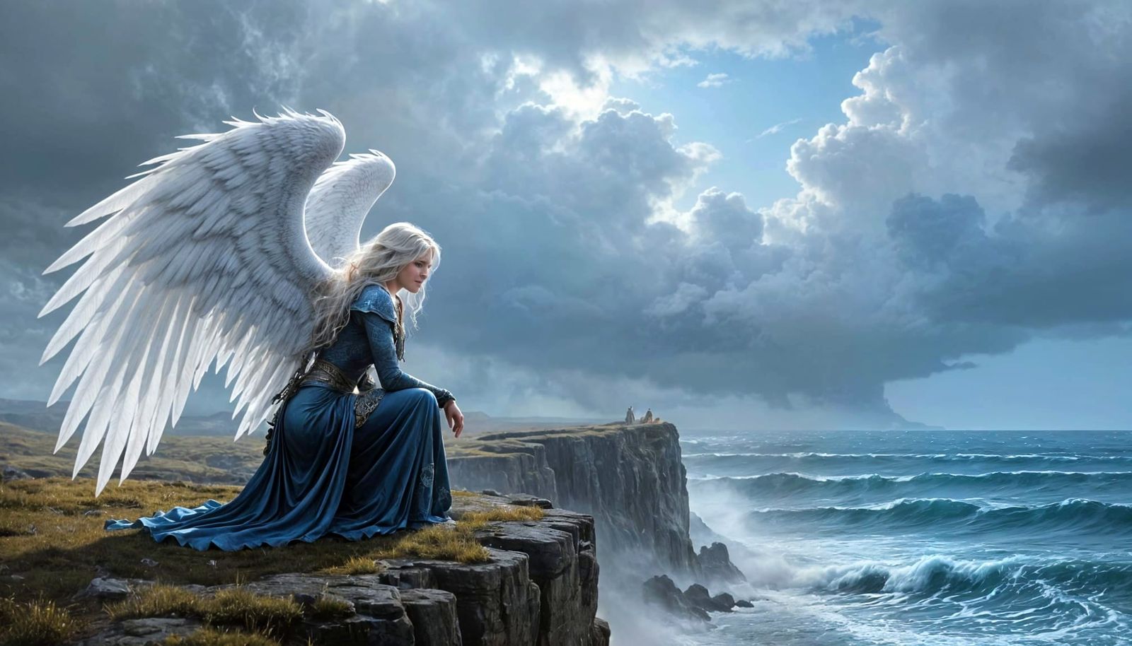 Weathered Angel on Cliff Edge, Hyperdetailed Concept Art
