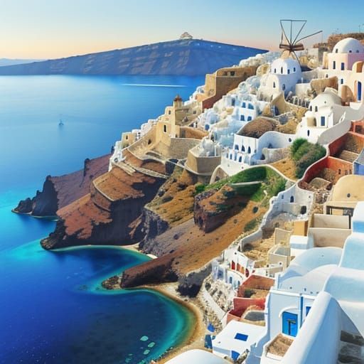 Santorini Scene in Dreamy Watercolor Style