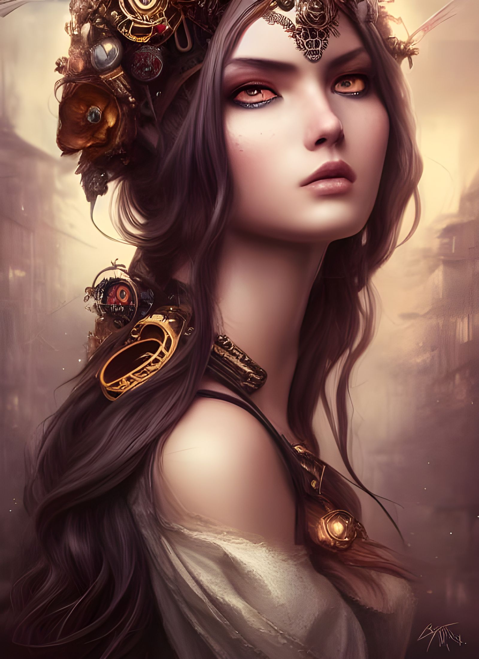 Galaxy Goddess in Steampunk City, Digital Illustration