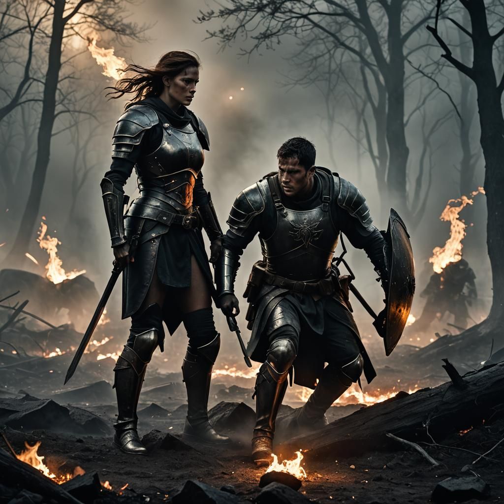 Wounded Warrior Protected in Dark Fantasy Landscape