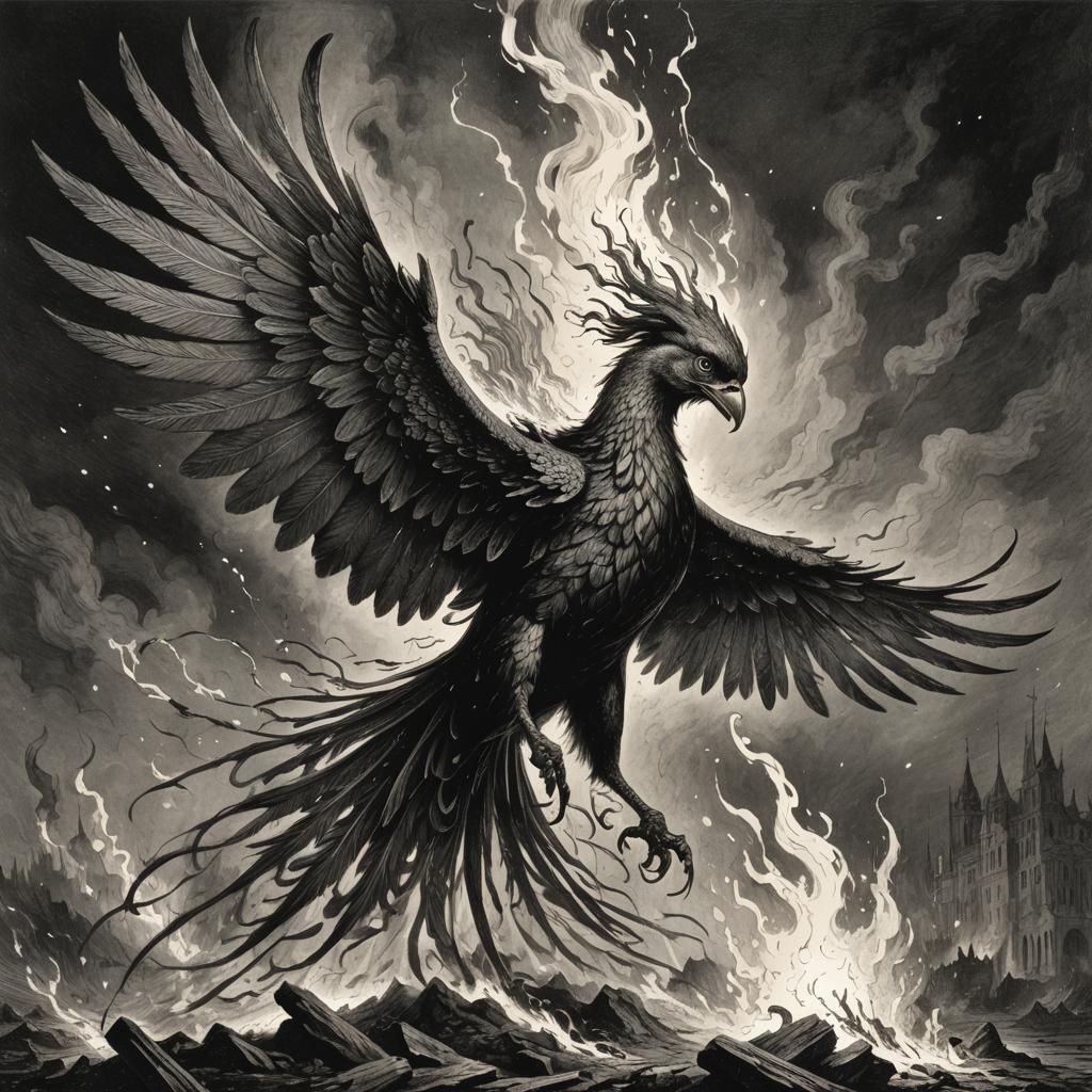 Fiery Phoenix in Dark Fantasy Style