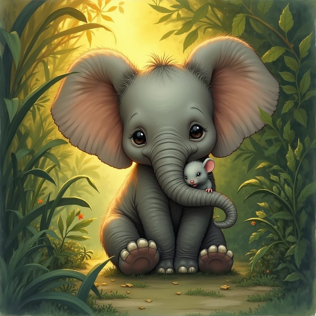 Elephant Gently Holds Mouse in Golden Jungle Light