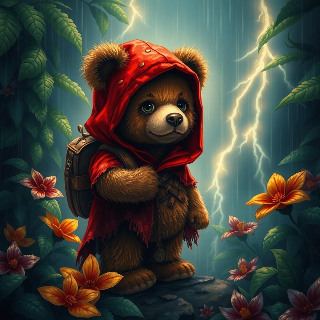 Teddy Bear Lost in Misty Jungle, Digital Art