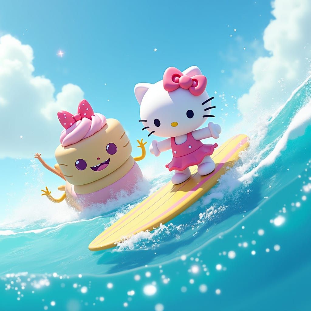 Kuromi and Hello Kitty Surfing in Vibrant Waters