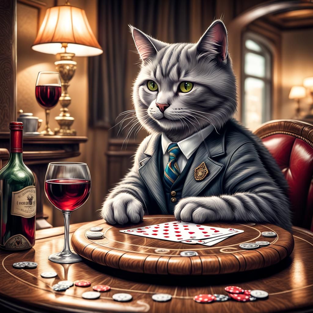 Hyperrealistic Cat Playing Poker with Wine