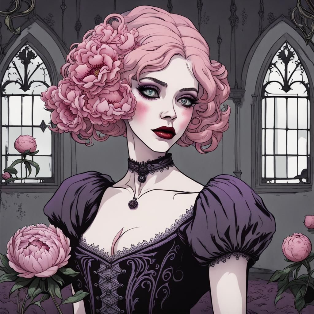 Gothic Woman with Peony in Burton Style