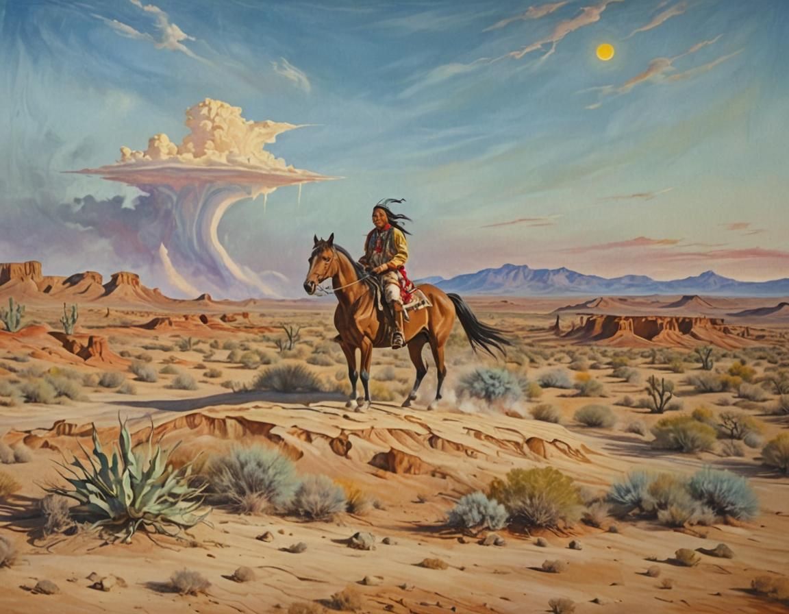 Native American on Horse in Surreal Desert Landscape