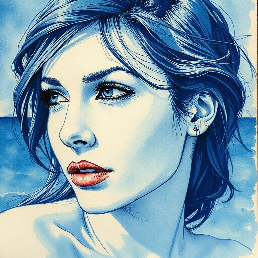 Blue Watercolor Portrait of Woman at Seashore
