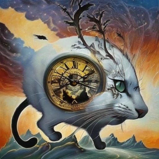 Surrealist Cat and Melting Clock Oil Painting