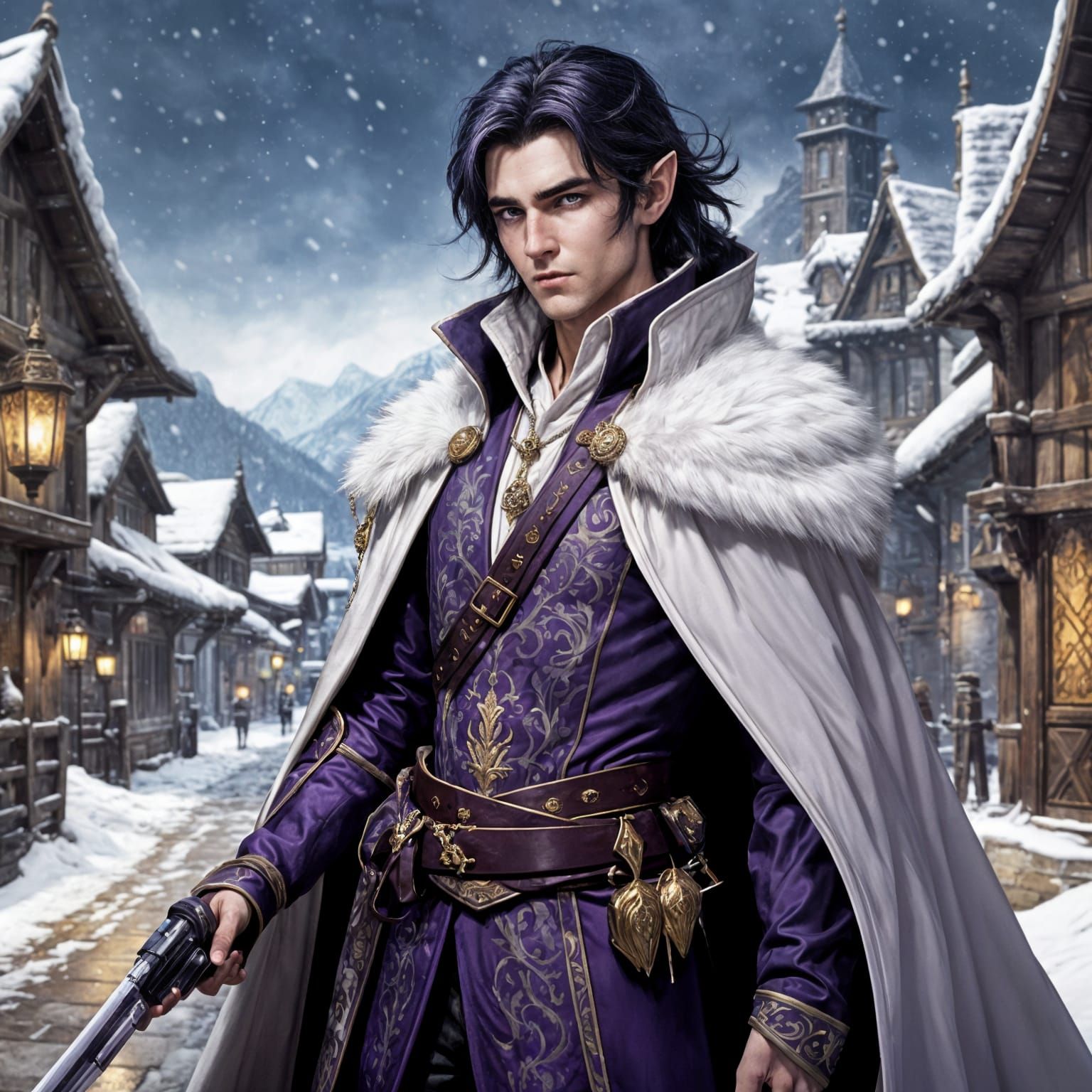 Regal Half-Elf Noble in Anime Style, Snowy Mountain Village