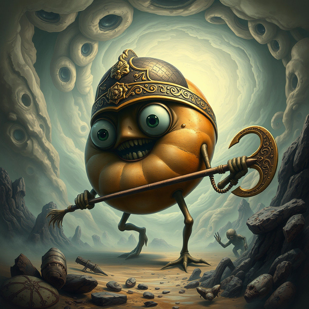 Surreal Donut Monster Wielding Halberd in Dreamscape