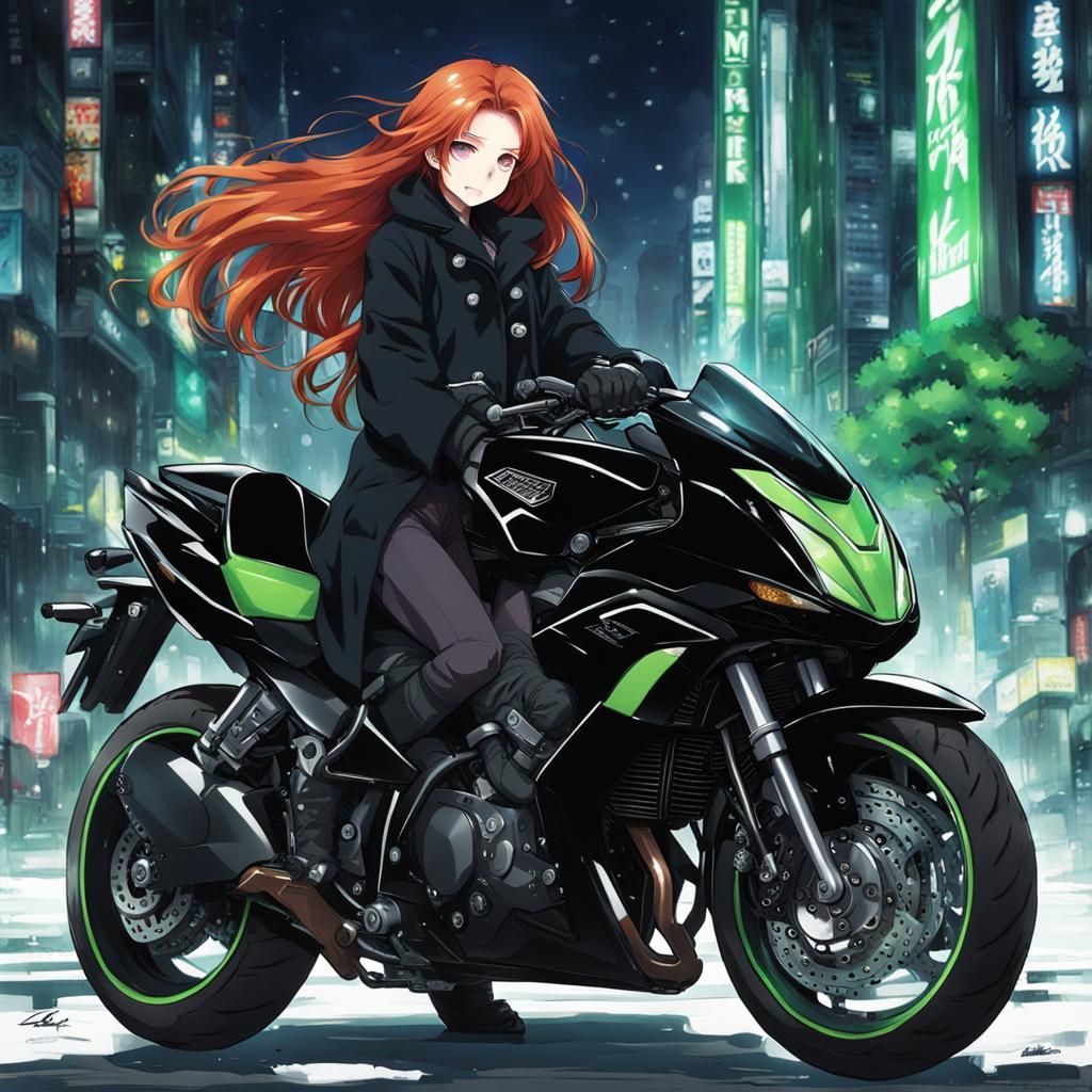 Anime Style Redhead on Motorcycle