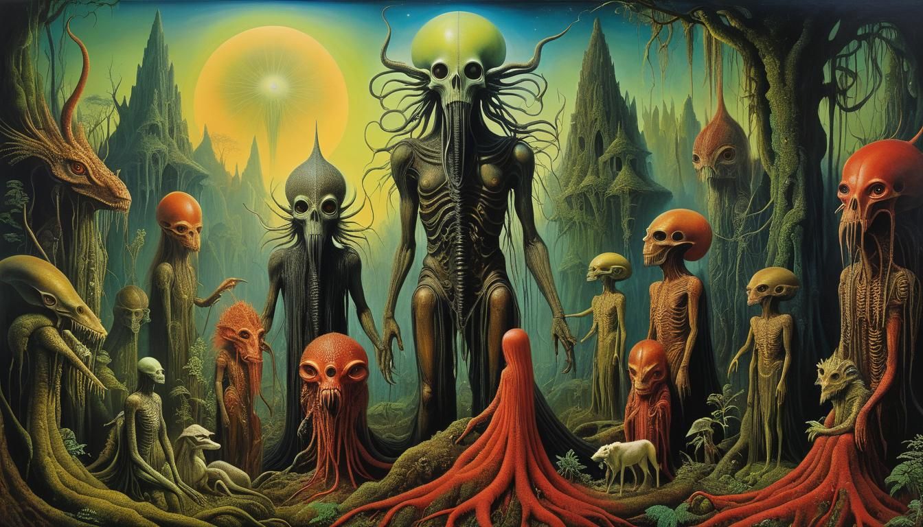 Ayahuasca Guide and Cryptid Followers, Surreal Fantasy Art