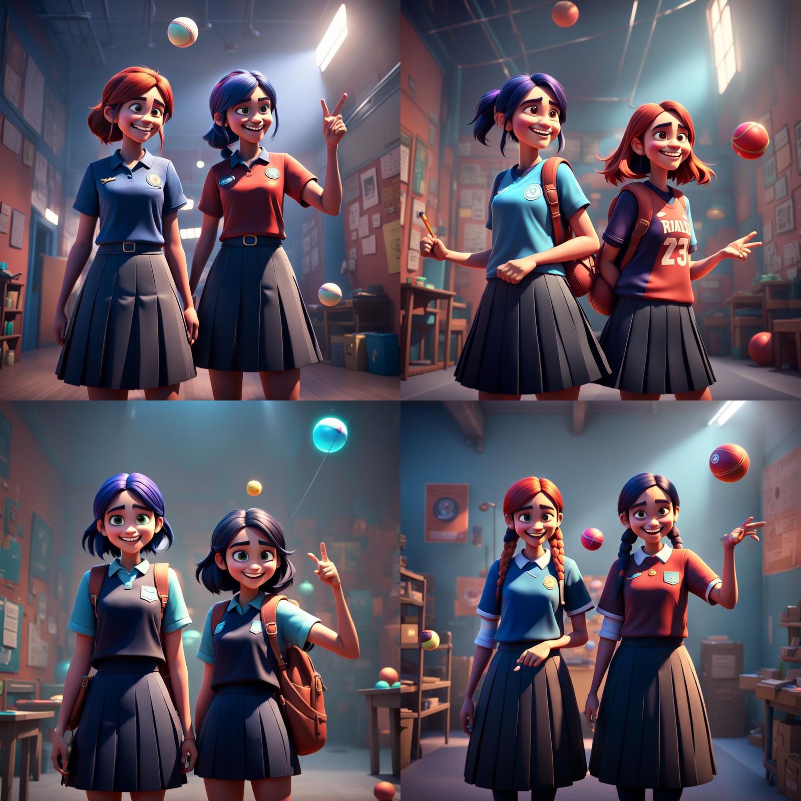 Girls Playing Cricket: Pixar-Style 3D Digital Art