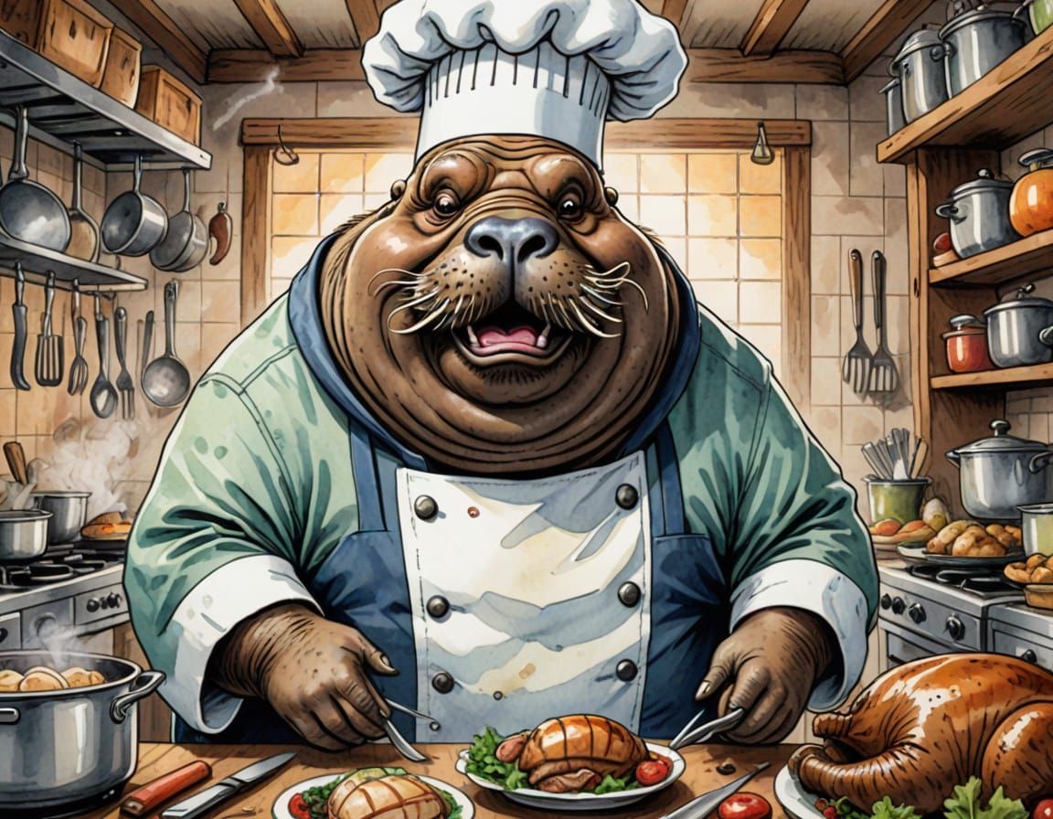 Whimsical Walrus Chef in Vintage Comedy Style